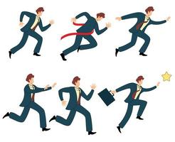 diversas expresiones de empresarios en poses de carrera. ilustración vectorial de diseño plano del hombre de negocios corriendo tras el objetivo vector