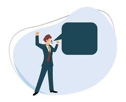 businessman talking with blank speech bubble. illustration of a person expressing an opinion. protesting man cartoon vector illustration