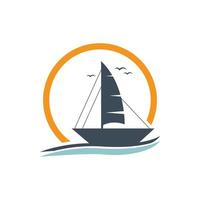 velero en ola oceánica con diseño de logotipo vector