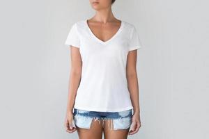 Woman wearing cotton white shirt with empty space for your text or logo photo