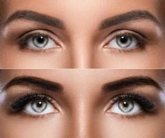 Microblading de cejas y extensión de pestañas. diferencia entre los ojos después del maquillaje. foto