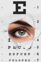 Woman looking throug torned papaer with eye chart photo
