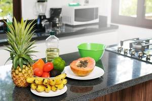 Fresh fruits and vegetables in the kitchen photo