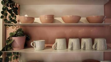 Plate and glass shelves neatly arranged as well as for display. photo