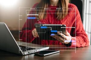 gerente de proyecto trabajando y actualizando tareas con hitos, planificación de progreso y diagrama de programación de diagrama de Gantt. Tranvía de negocios trabajando foto