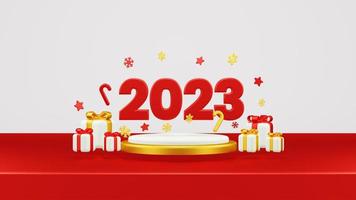 Happy New Year 2023 3D Render Composition With Ornament For Event Promotion Social Media And Landing Page photo