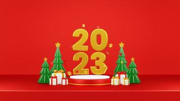 Happy New Year 2023 3D Render Composition With Ornament For Event Promotion Social Media And Landing Page photo
