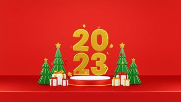 Happy New Year 2023 3D Render Composition With Ornament For Event Promotion Social Media And Landing Page photo