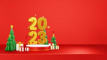 Happy New Year 2023 3D Render Composition With Ornament For Event Promotion Social Media And Landing Page photo
