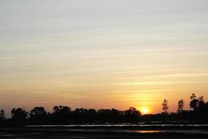 preparación de la tierra al atardecer para la siembra de arroz en tailandia foto