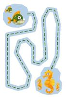 Education game for children handwriting practice trace the lines help cute cartoon piranha move to seahorse printable underwater worksheet vector