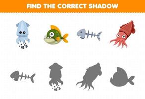 juego educativo para niños encontrar la sombra correcta conjunto de dibujos animados lindo calamar piraña pescado hueso sepia hoja de trabajo subacuática imprimible vector