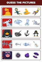 Education game for children guess the correct pictures of cute cartoon submarine hammer shark penguin fish bone urchin printable underwater worksheet vector