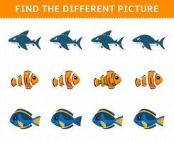 Education game for children find the different picture in each row of cute cartoon shark fish printable underwater worksheet vector