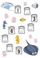 Education game for complete the sequence of number with cute cartoon manta stingray seahorse and jellyfish picture printable underwater worksheet vector