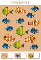 juego educativo para niños buscando y contando cuántas imágenes de lindos peces de dibujos animados hoja de trabajo subacuática imprimible vector