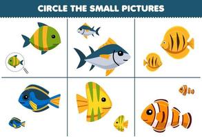 juego educativo para niños encierra en un círculo la imagen pequeña de un lindo pez de dibujos animados hoja de trabajo subacuática imprimible vector