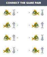 Education game for children connect the same picture of cute cartoon piranha and fish bone pair printable underwater worksheet vector