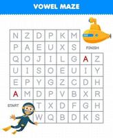 Education game for children vowel maze help cute cartoon diver move to submarine printable underwater worksheet vector