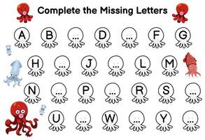 Education game for complete the missing letters with cute cartoon octopus and squid picture printable underwater worksheet vector