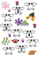 Education game for complete the sequence of number with cute cartoon crab and coral picture printable underwater worksheet vector