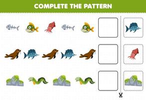 Education game for children cut and complete the pattern of each row from a cute cartoon fish bone piranha cuttlefish walrus eel worksheet vector