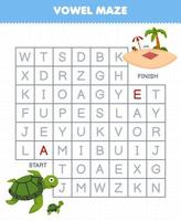 Education game for children vowel maze help cute cartoon turtle move to beach printable underwater worksheet vector