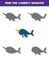 Education game for children find the correct shadow of cute cartoon narwhal printable underwater worksheet vector