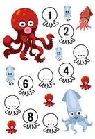 Education game for complete the sequence of number with cute cartoon octopus and squid picture printable underwater worksheet vector