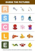 juego educativo para niños adivinar la imagen correcta para la palabra fónica que comienza con la letra rscl y e hoja de trabajo subacuática imprimible vector