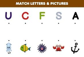 Education game for children match letters and pictures of cute cartoon squid fish urchin crab anchor printable underwater worksheet vector