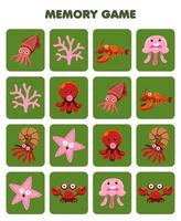 Education game for children memory to find similar pictures of cute cartoon cuttlefish coral starfish octopus crab lobster printable underwater worksheet vector