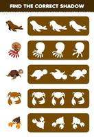 Education game for children find the correct shadow silhouette of cute cartoon walrus turtle hermit crab printable underwater worksheet vector