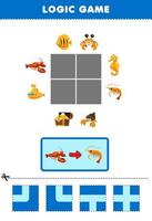 Education game for children logic puzzle build the road for lobster move to shrimp printable underwater worksheet vector