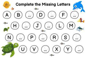 Education game for complete the missing letters with cute cartoon turtle and dolphin picture printable underwater worksheet vector