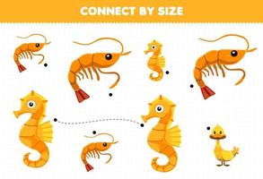 Educational game for kids connect by the size of cute cartoon seahorse and shrimp printable underwater worksheet vector