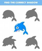 Education game for children find the correct shadow of cute cartoon dolphin printable underwater worksheet vector