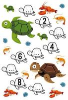 Education game for complete the sequence of number with cute cartoon turtle shrimp and lobster picture printable underwater worksheet vector