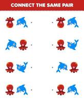 Education game for children connect the same picture of cute cartoon dolphin and octopus pair printable underwater worksheet vector