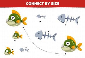 Educational game for kids connect by the size of cute cartoon piranha and fish bone printable underwater worksheet vector