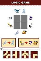 Education game for children logic puzzle build the road for hammer shark and diver move to squid and shell treasure chest printable underwater worksheet vector