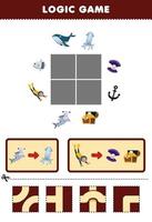 Education game for children logic puzzle build the road for hammer shark and diver move to squid and shell treasure chest printable underwater worksheet vector