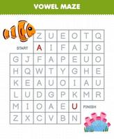 Education game for children vowel maze help cute cartoon fish move to coral printable underwater worksheet vector