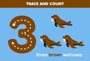 Education game for children fun counting three brown walruses printable underwater worksheet vector