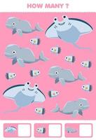 Education game for children searching and counting how many pictures of cute cartoon manta beluga sunfish printable underwater worksheet vector