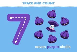 Education game for children fun counting seven purple shells printable underwater worksheet vector