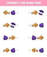 Education game for children connect the same picture of cute cartoon fish and shell pair printable underwater worksheet vector