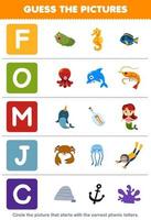 Education game for children guess the correct picture for phonic word that starts with letter F O M J and C printable underwater worksheet vector