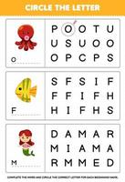 Education game for children circle the beginning letter from cute cartoon octopus fish mermaid printable underwater worksheet vector