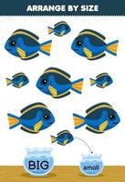 Education game for children arrange by size big or small put it in the fish bowl of cute cartoon blue fish printable underwater worksheet vector